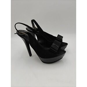 Fendi Shoes Womens Size 8.5 Black Suede Slingback Platform Bow Heels Open Toe